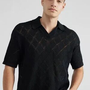 UO | Pointelle Knit Polo Black Shirt | Size XXL